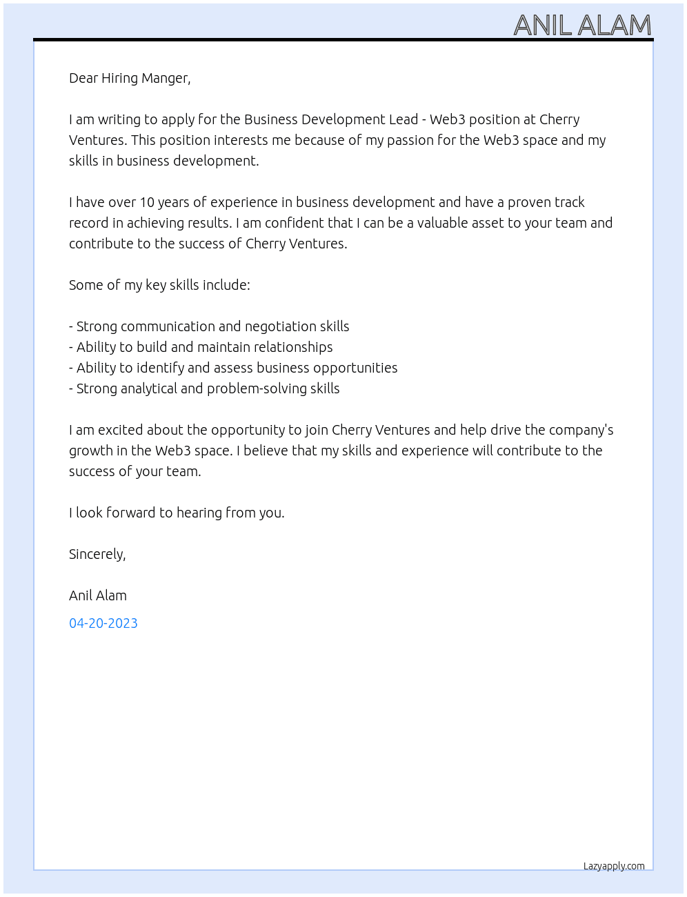 Business Development Lead - Web3 At  Cherry Ventures Cover Letter