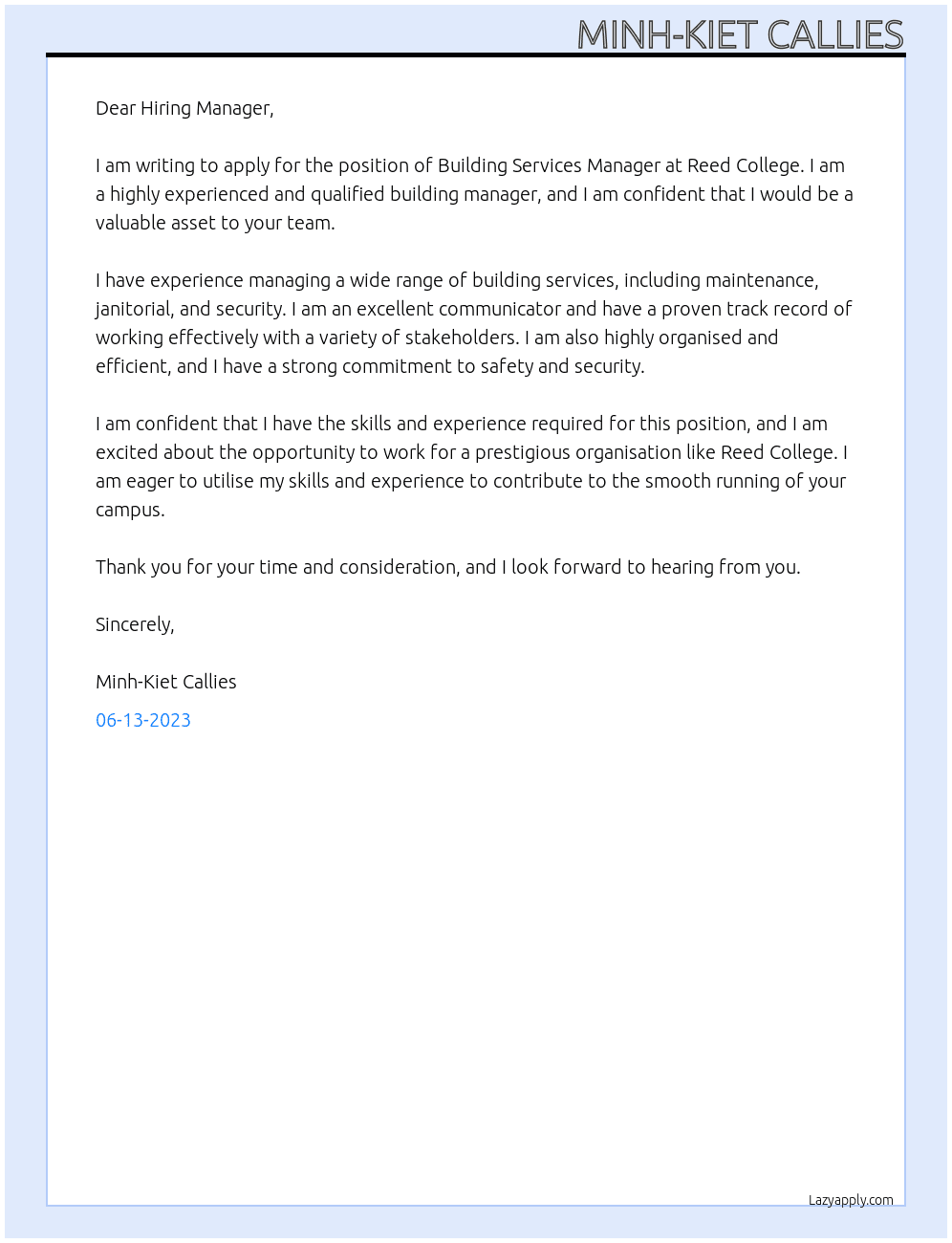 Building Services Manager At Reed College Cover Letter