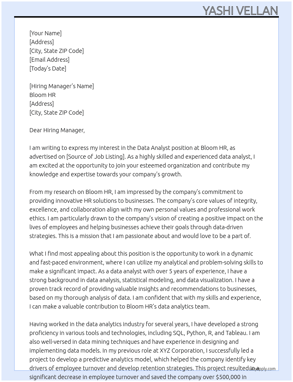 Data Analyst At Bloom HR Cover Letter
