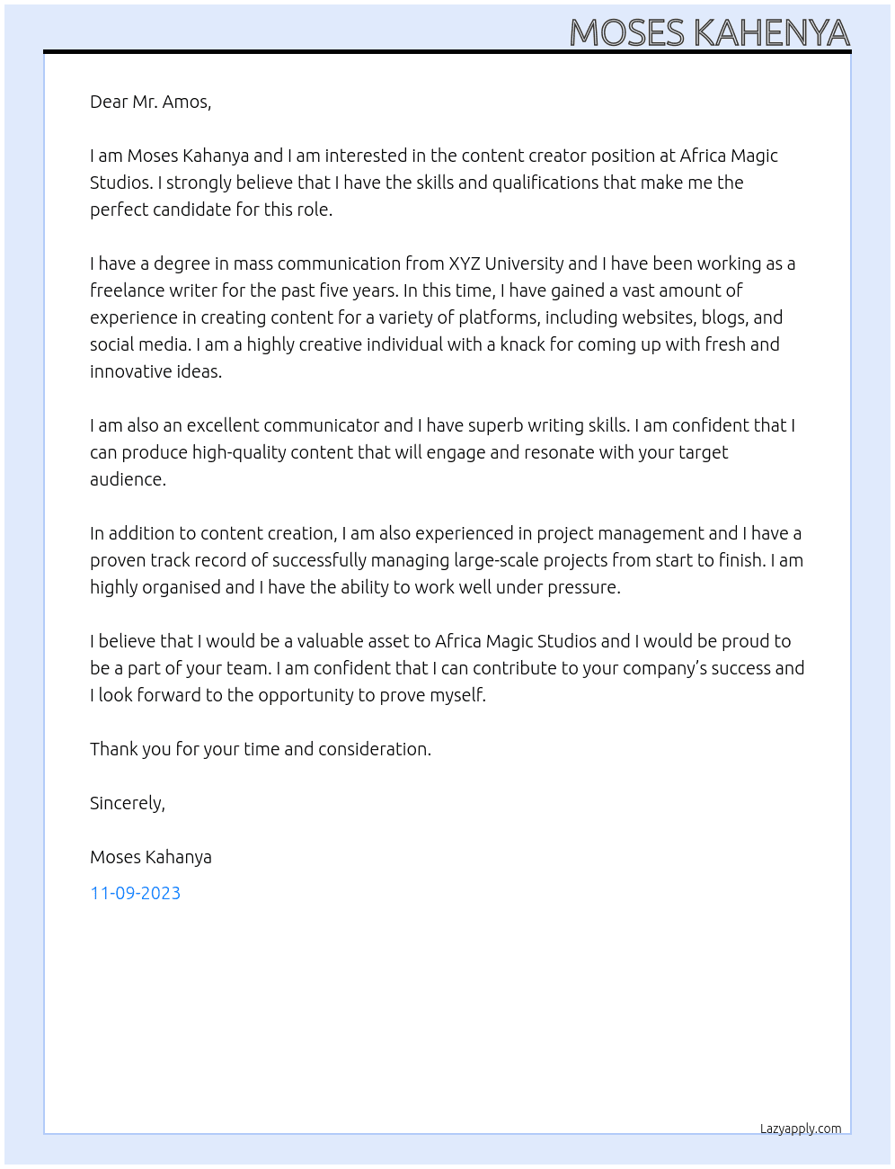 Content creato At Africa Magic Studios Cover Letter