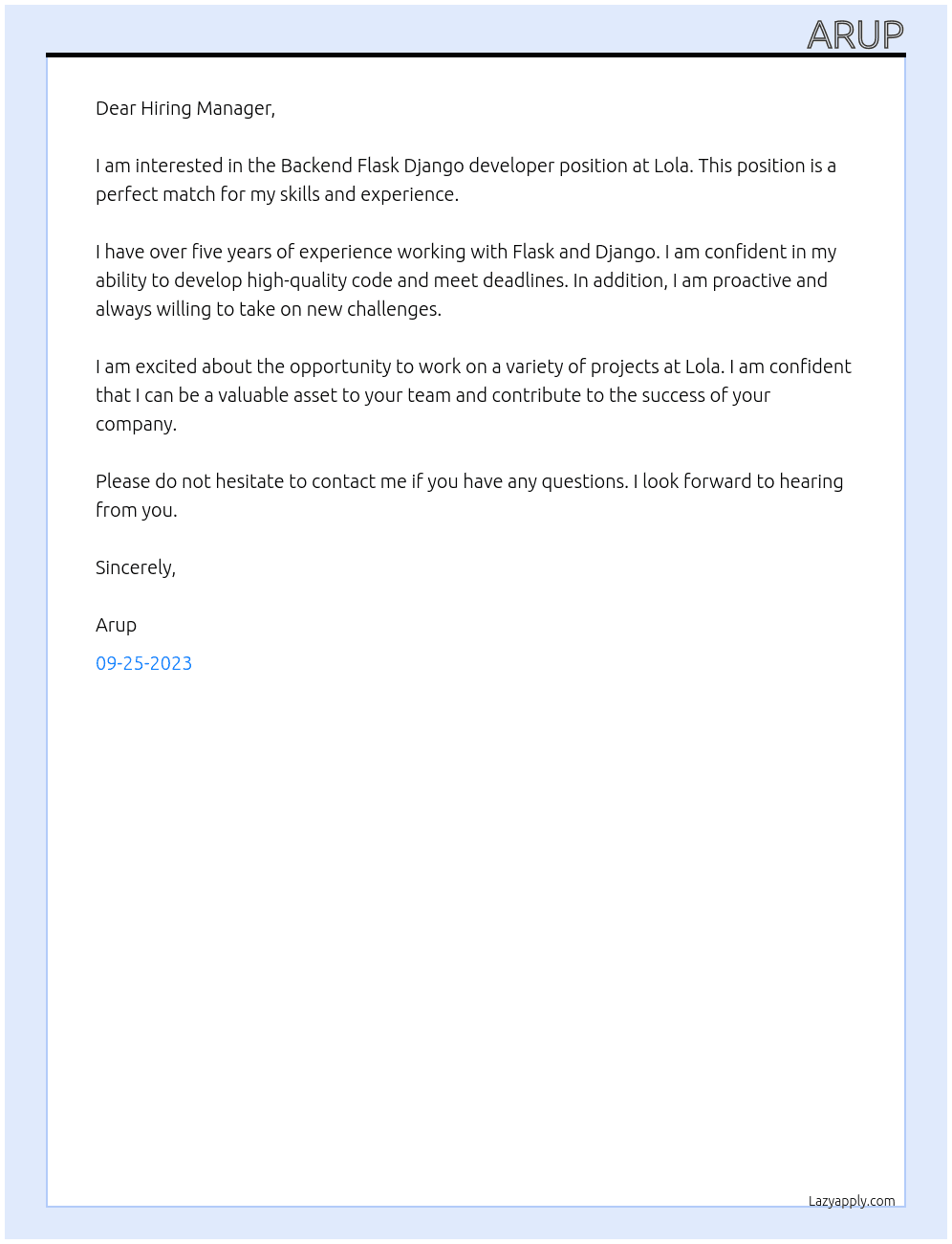 Backend Flask Django developer At Lola Cover Letter