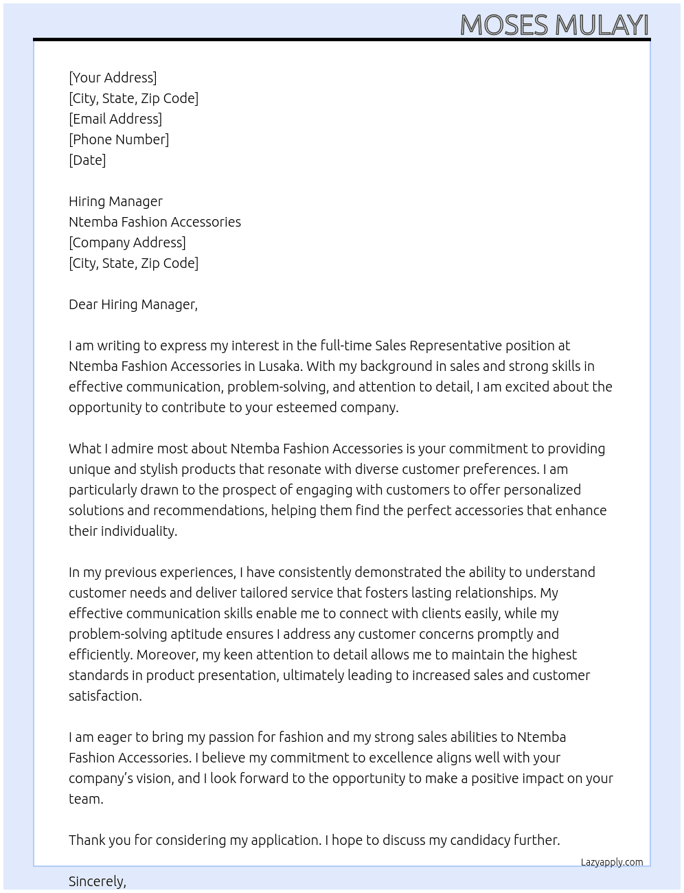 Sales Representative  At Ntemba Fashion Accessories Cover Letter