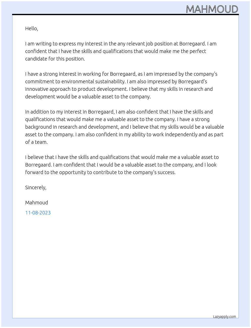 Any Relevant Job At Borregaard Cover Letter