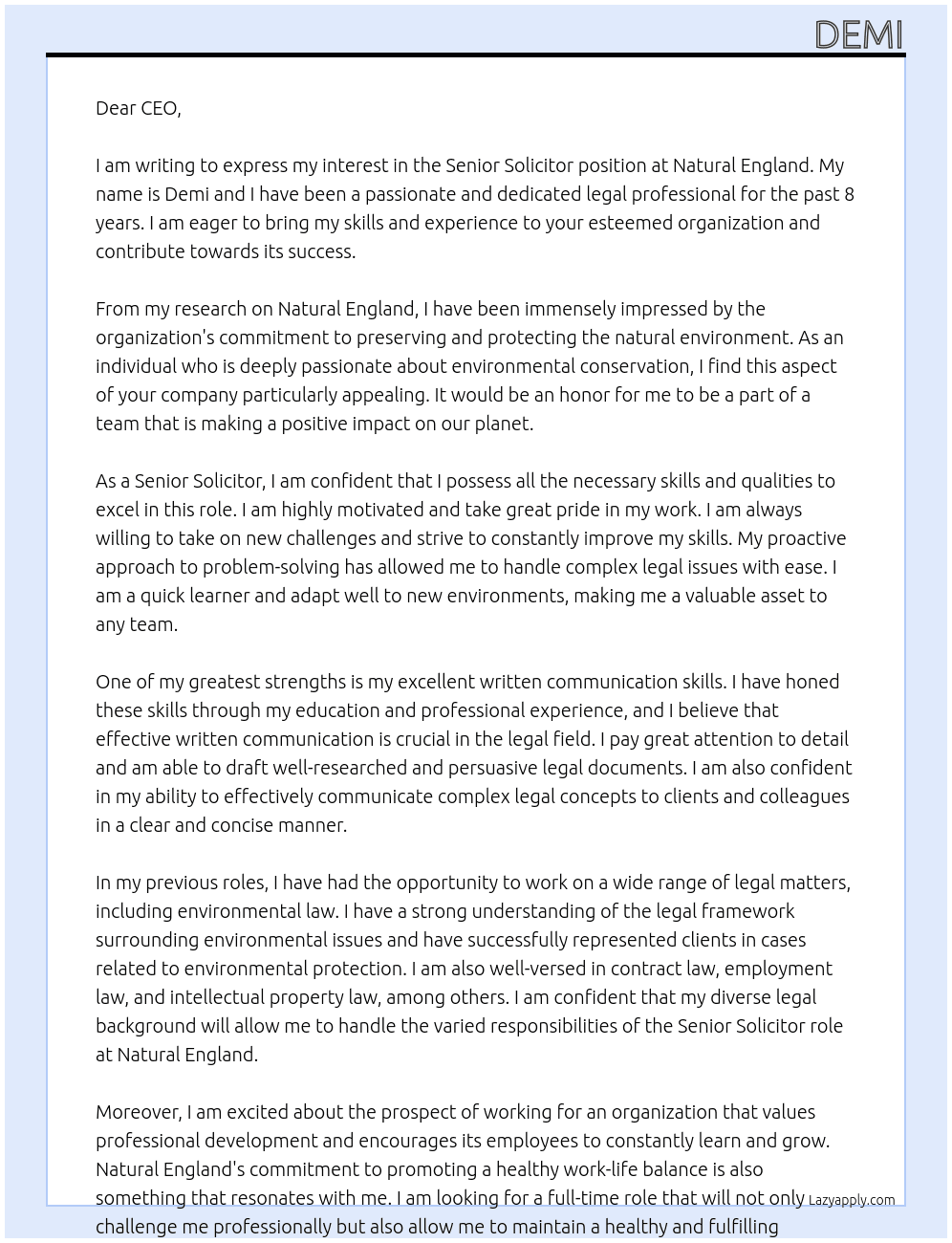 Senior Solicitor At Natural England  Cover Letter