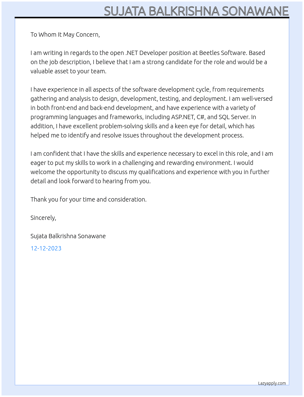 .net developer  At Beetles software  Cover Letter