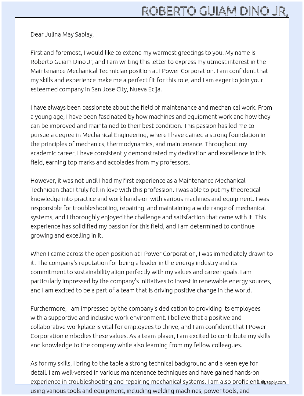 maintenance mechanical technician At  I Power Corporation Cover Letter