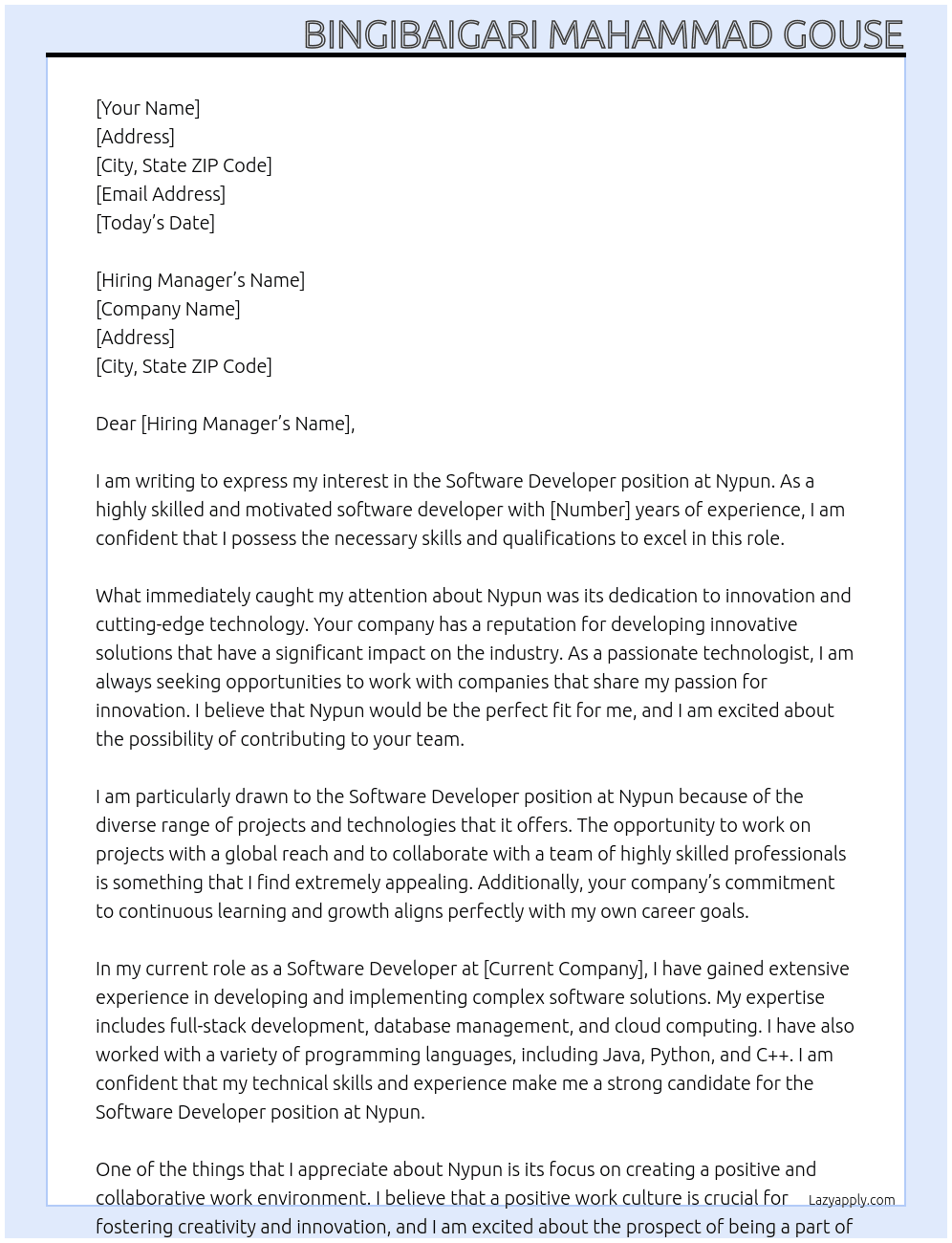 Software developer  At Nypun Cover Letter