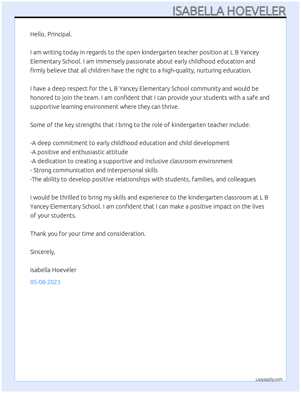 Kindergarten Teacher At L B Yancey Elementary School Cover Letter