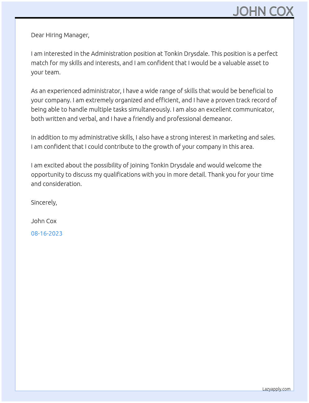Administration At Tonkin Drysdale Cover Letter