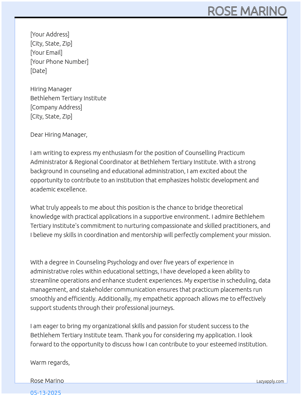 Counselling Practicum Administrator & Regional Coordinator At Bethlehem Tertiary Institute Cover Letter