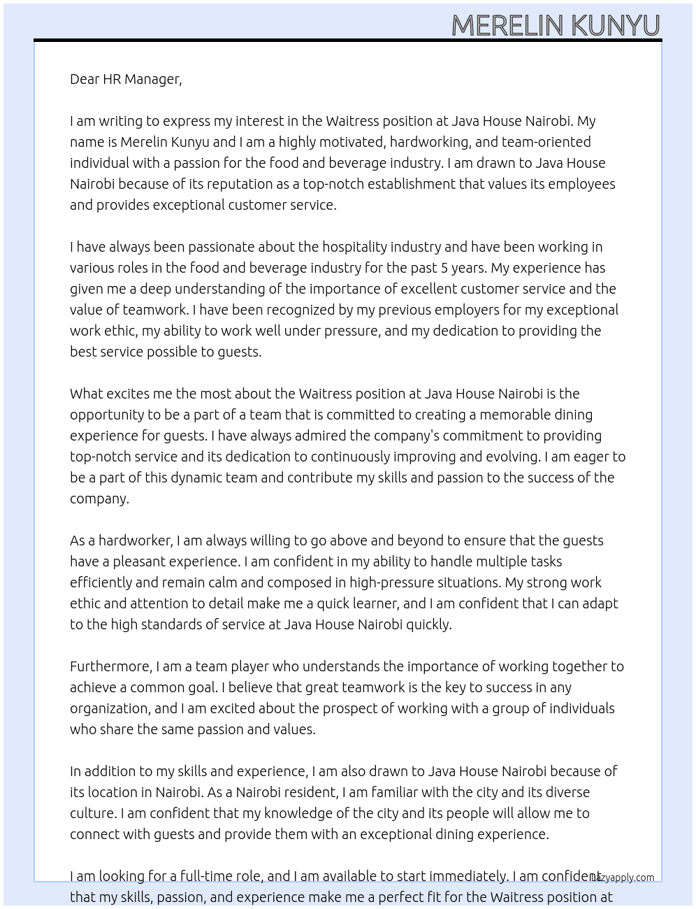 WAITERESS At JAVA HOUSE NAIROBI Cover Letter