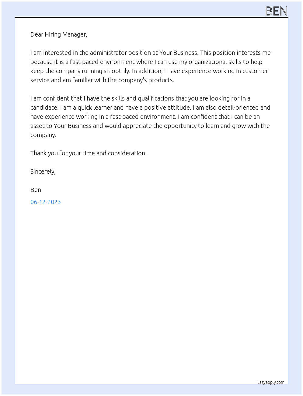 Administrator At Your Business Cover Letter