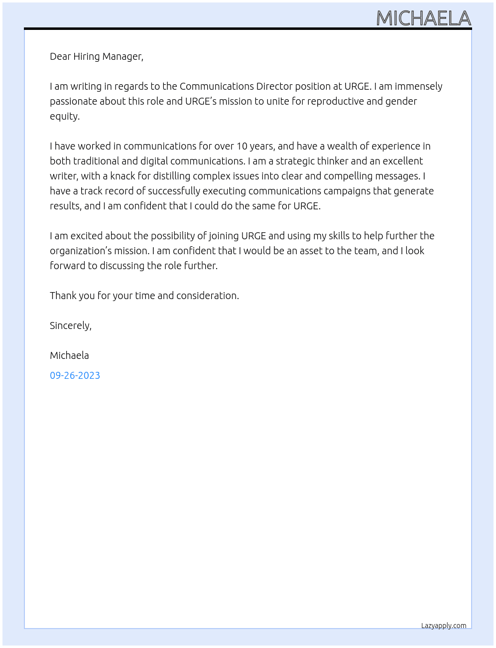Communications Director At URGE - Unite for Reproductive and Gender Equity Cover Letter