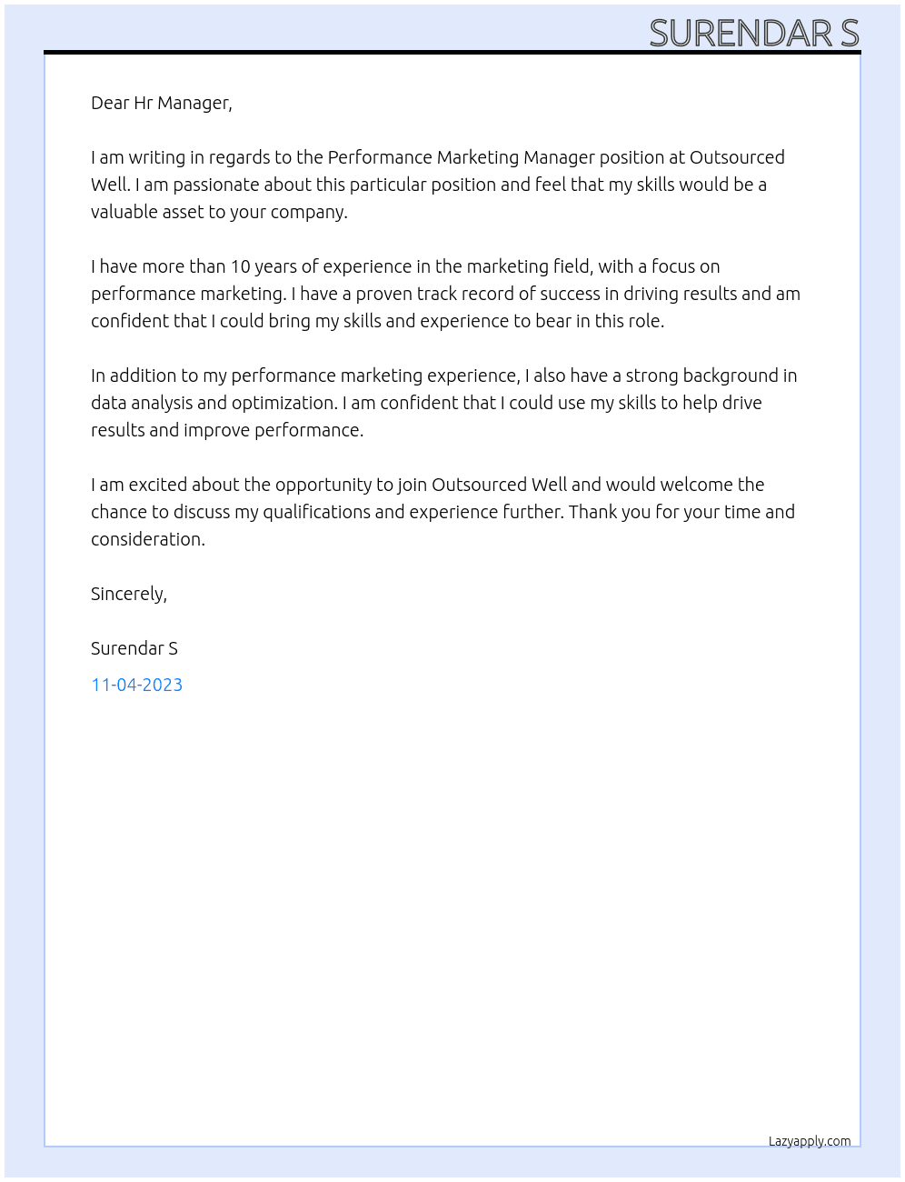 Performance Marketing Manager  At Outsourced Well Cover Letter