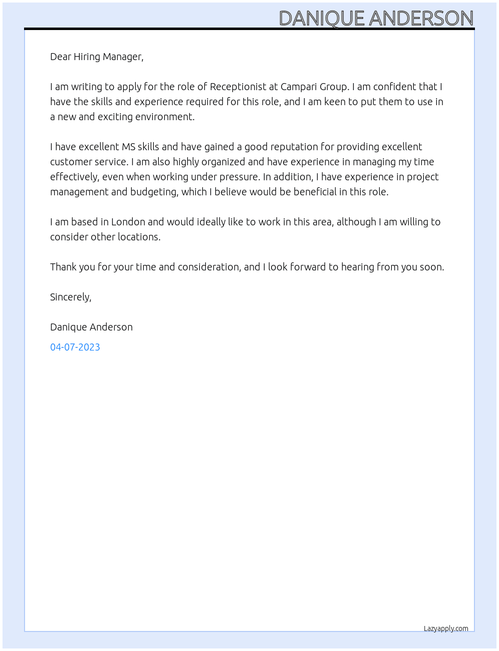Receptionist At Campari Group Cover Letter