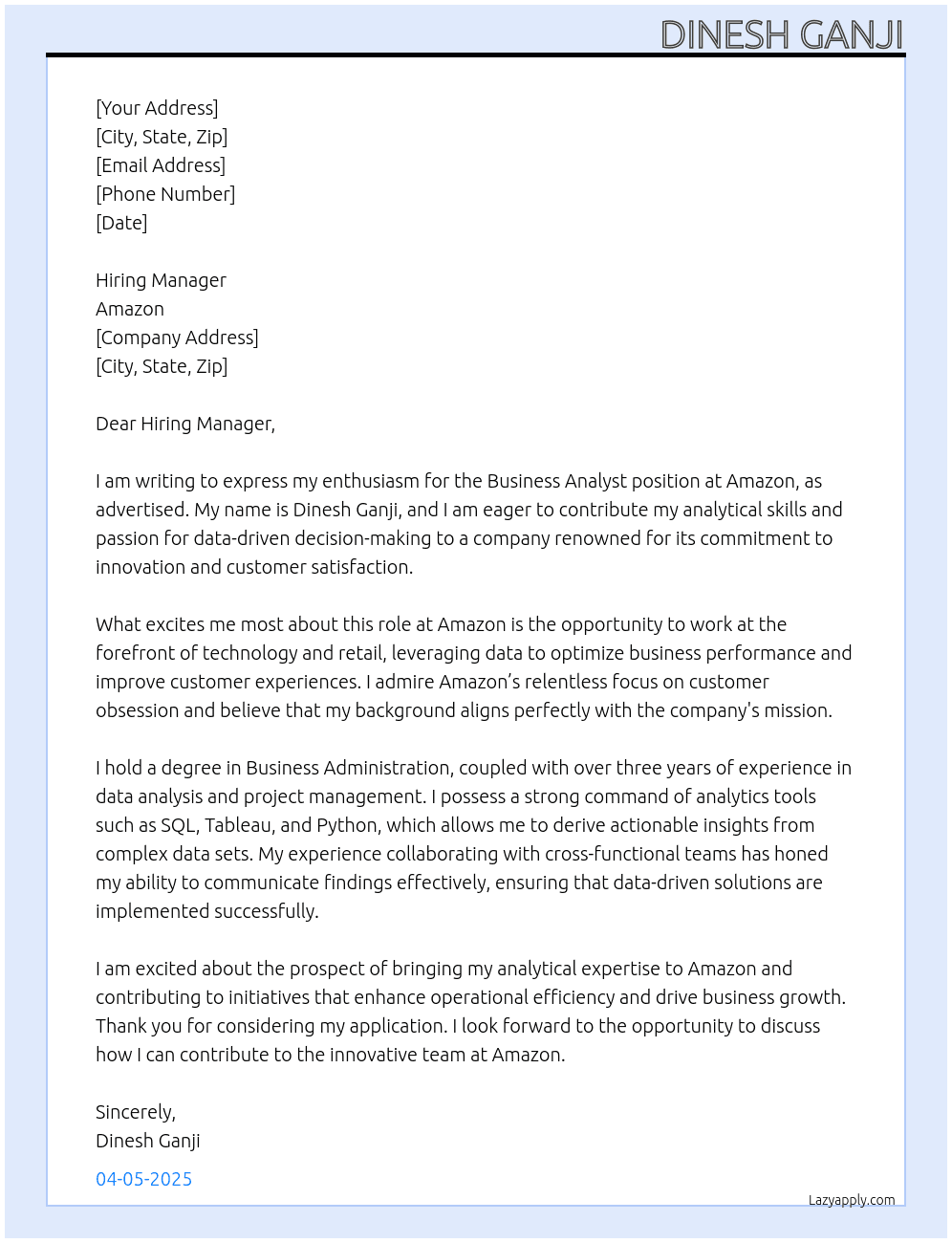 Business Analyst At Amazon Cover Letter