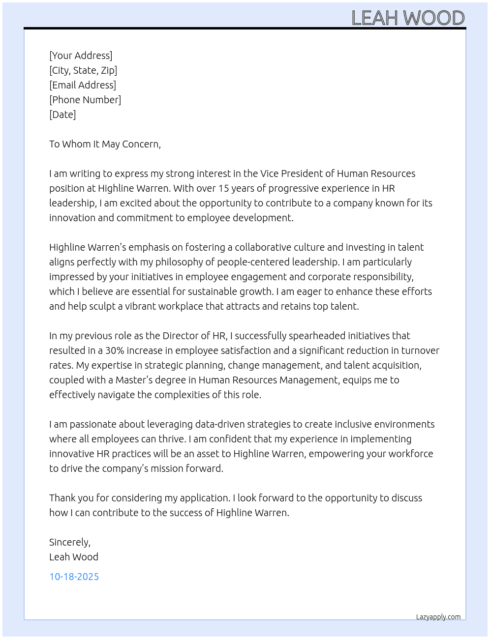 Vice President, Human Resources At Highline Warren Cover Letter