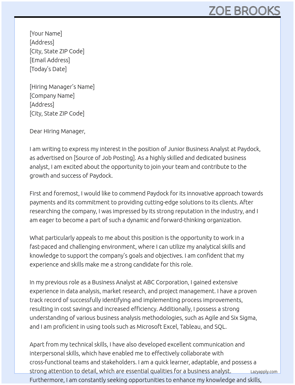Junior Business Analyst At Paydock Cover Letter