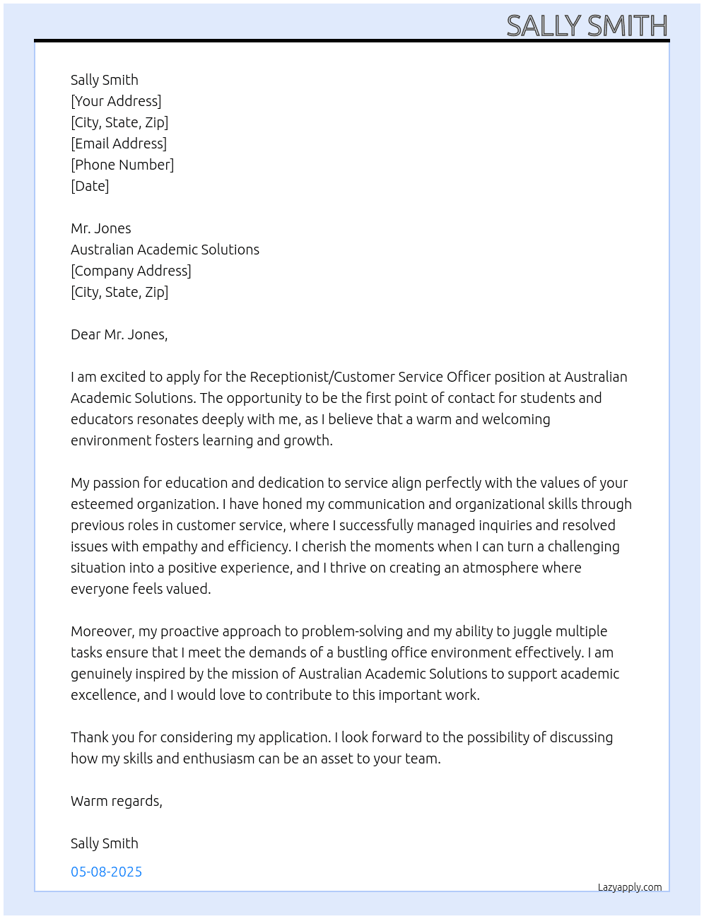 receptionist/customer Service Officer At Australian Academic Solutions Cover Letter