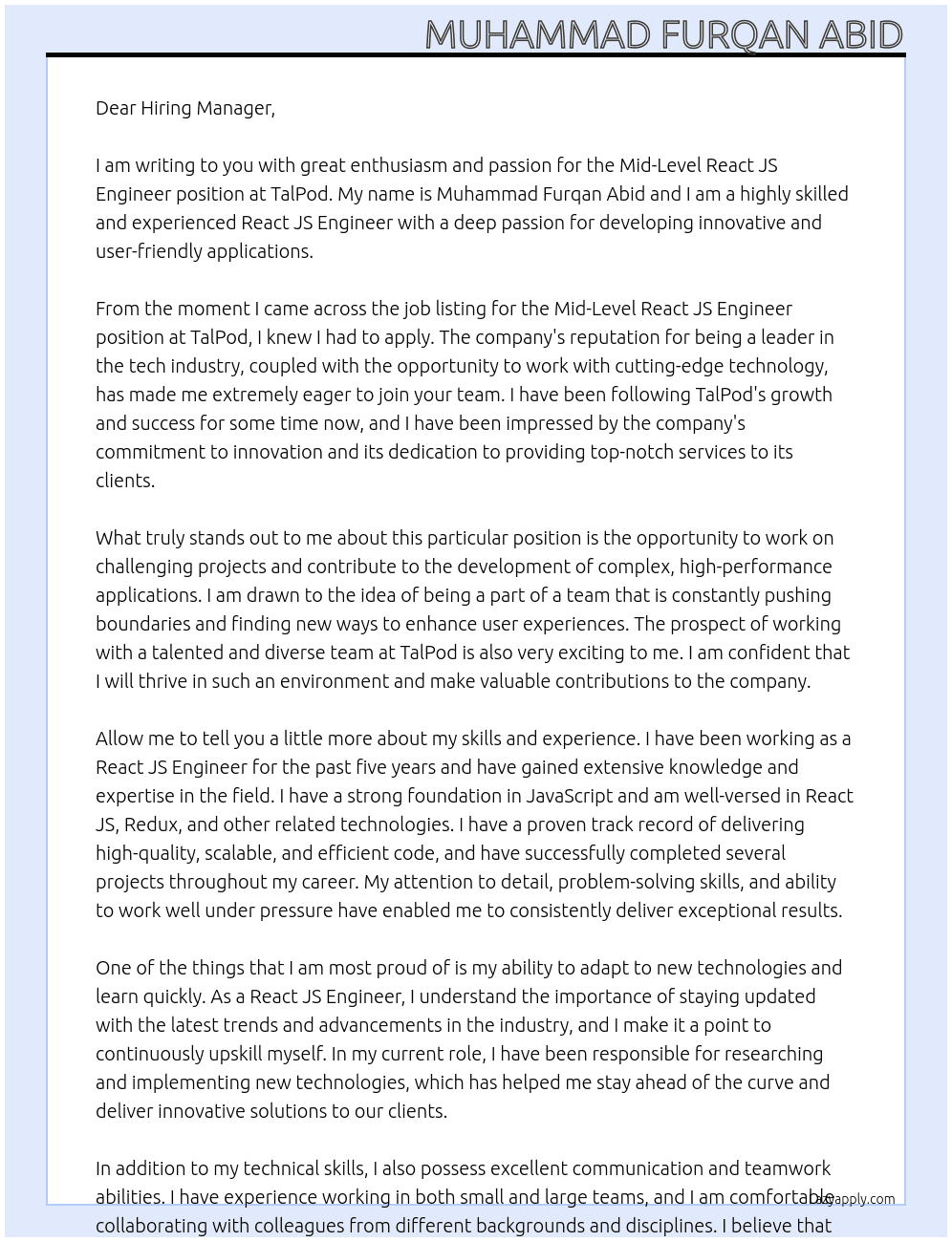 Mid-Level React JS Engineer At TalPod Cover Letter