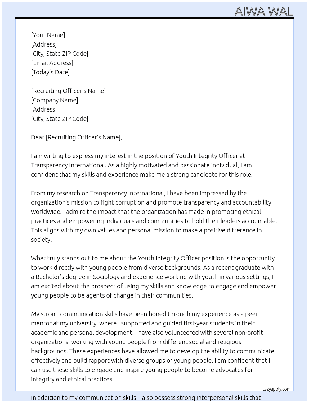 youth Integrity officer  At Transparency Internation Cover Letter