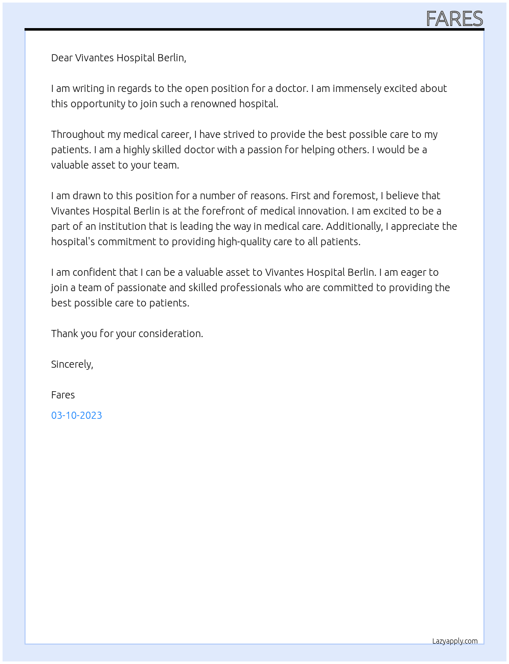 doctor At vivantes hospital berlin Cover Letter