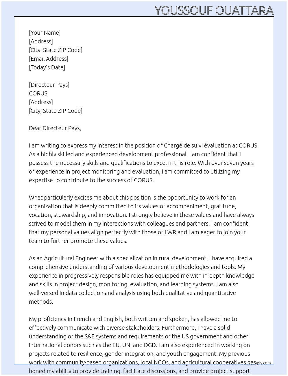 Chargé de suivi évaluation At CORUS Cover Letter