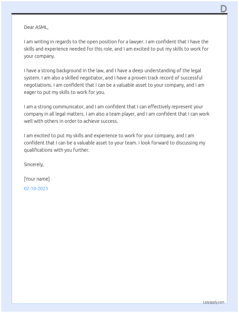 Lawyer At ASML Cover Letter