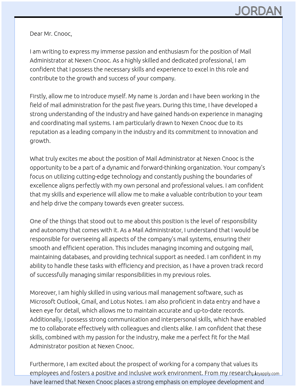 Mail administrator At Nexen Cnooc  Cover Letter