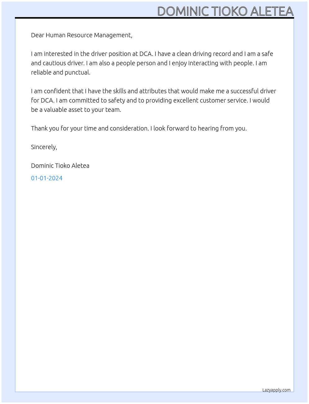 DRIVER At DCA Cover Letter