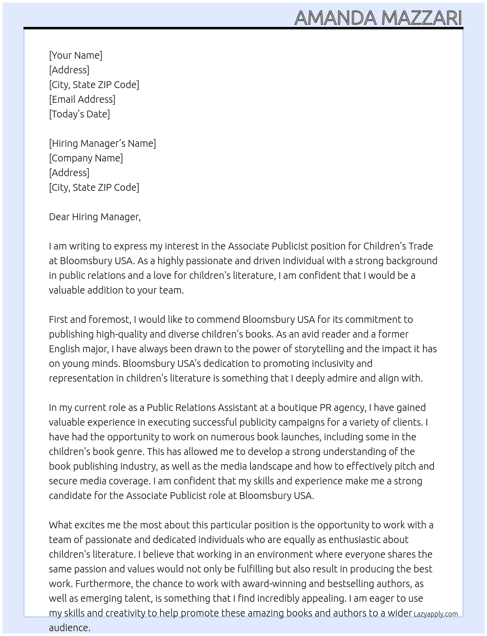 Associate Publicist - Children's Trade At Bloomsbury USA Cover Letter