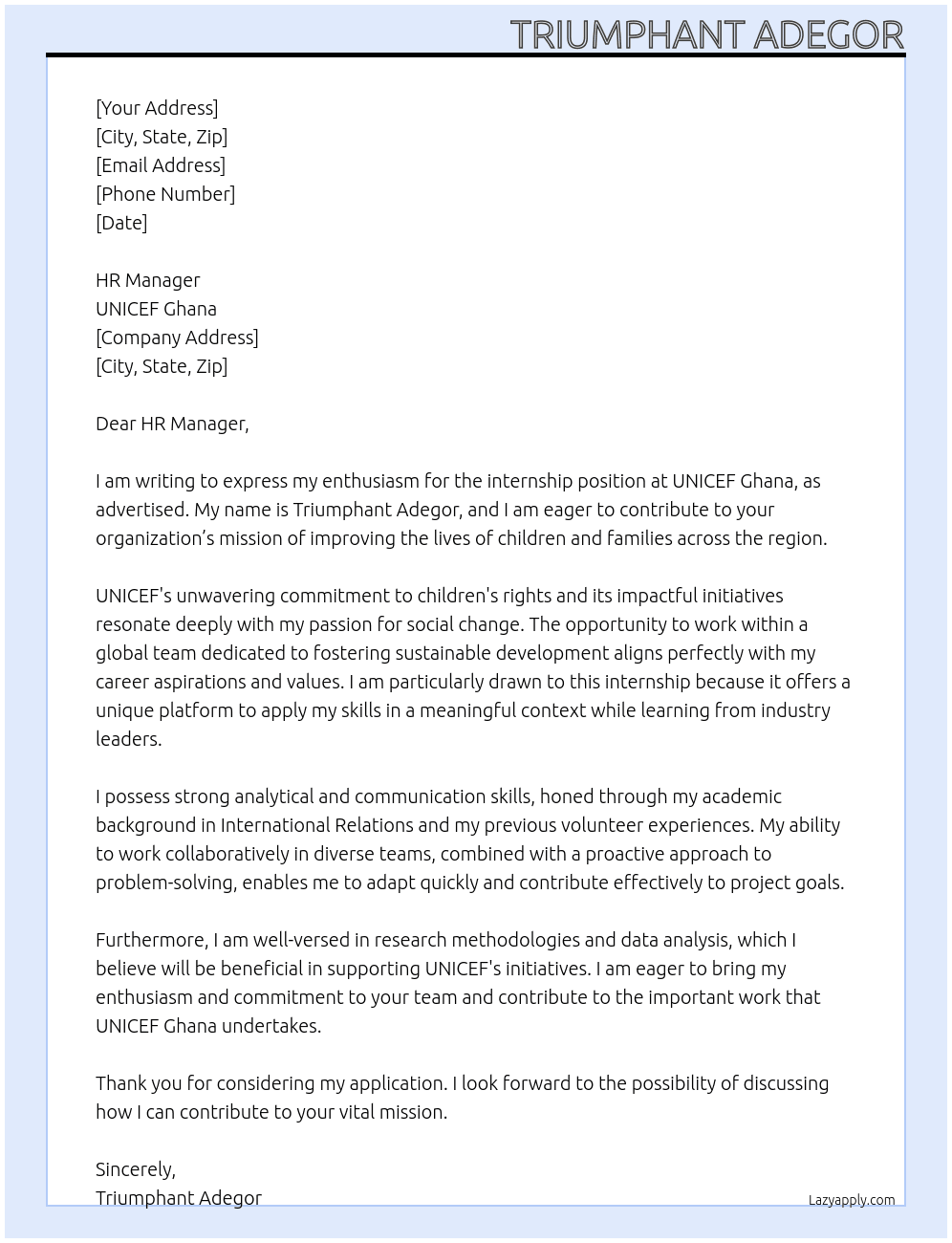 Internship  At UNICEF Ghana Cover Letter