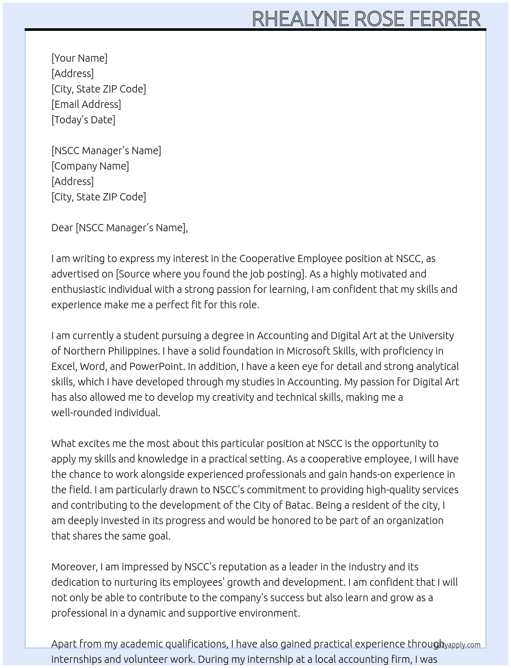 cooperative employee  At NSCC Cover Letter