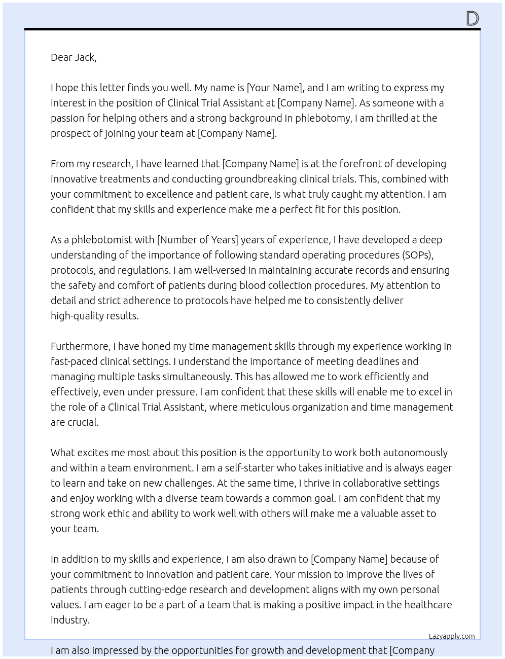 Clinical trial assistant At ar Cover Letter