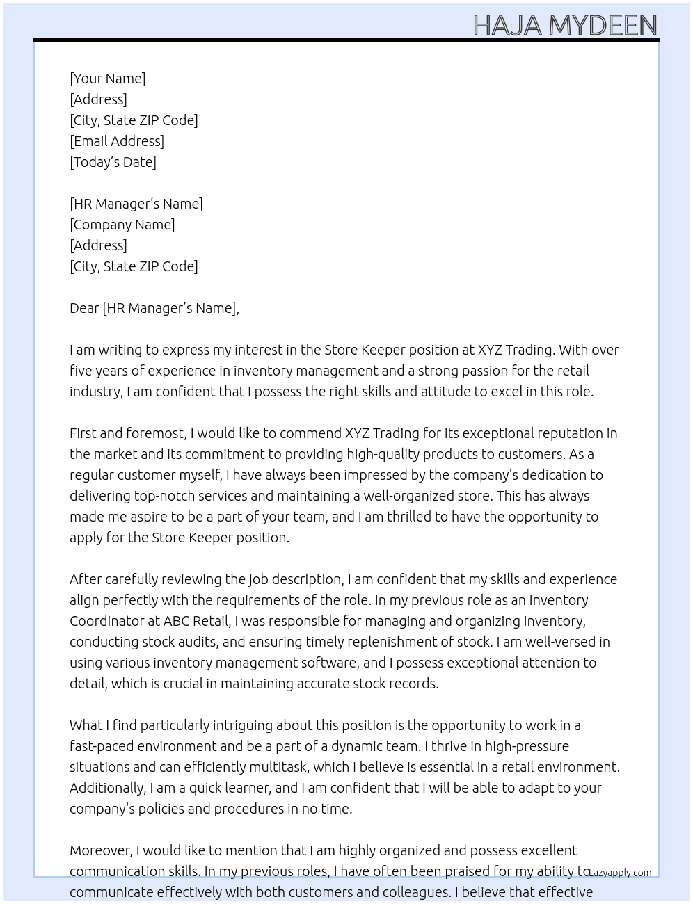 store keeper At xyz trading Cover Letter