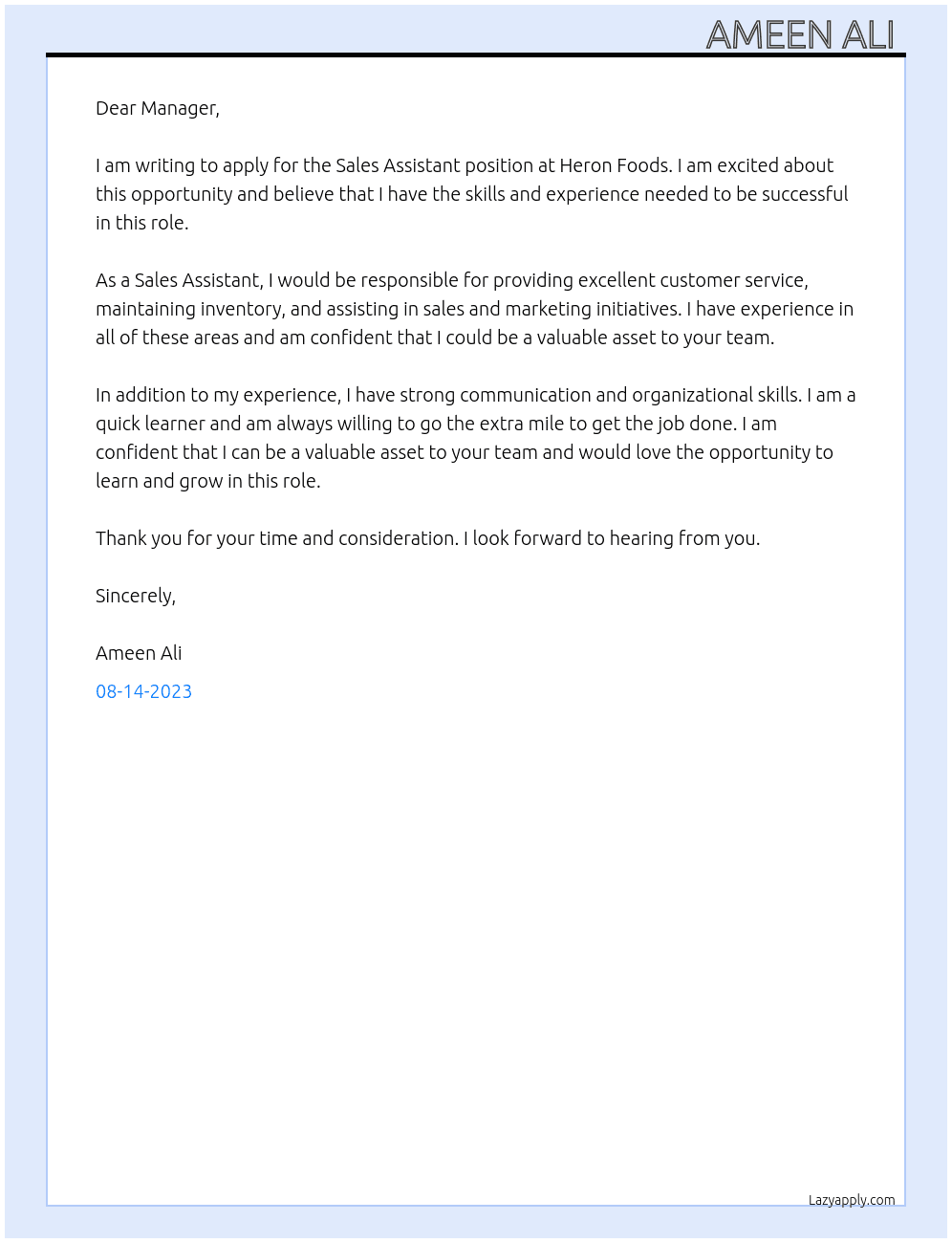 Sales assistant  At Heron foods Cover Letter