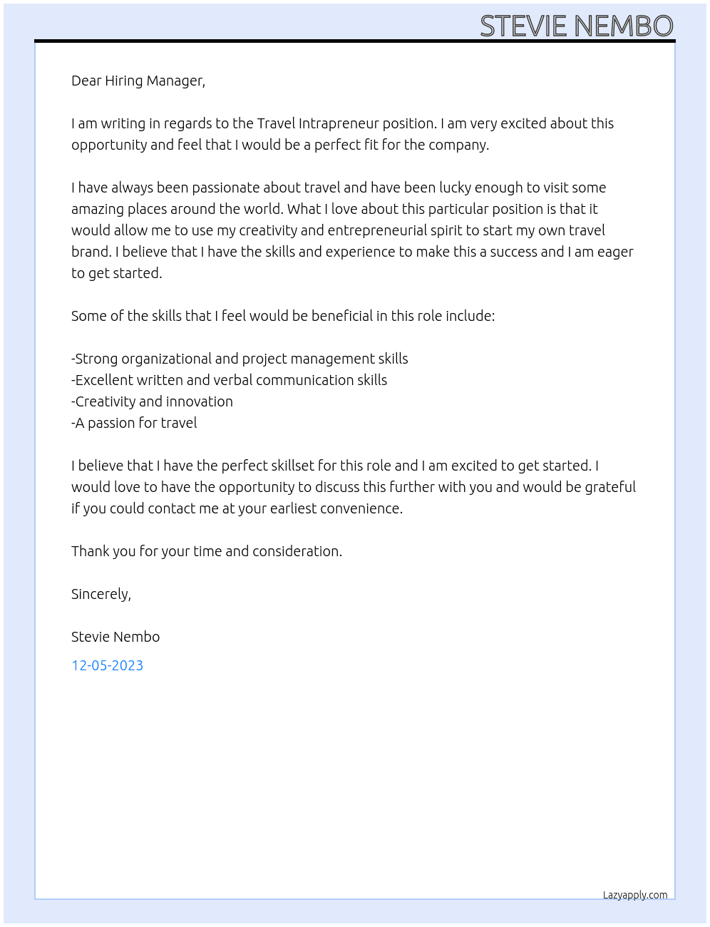 Travel Intrapreneur - Start your Own Travel Brand At Travel  Cover Letter