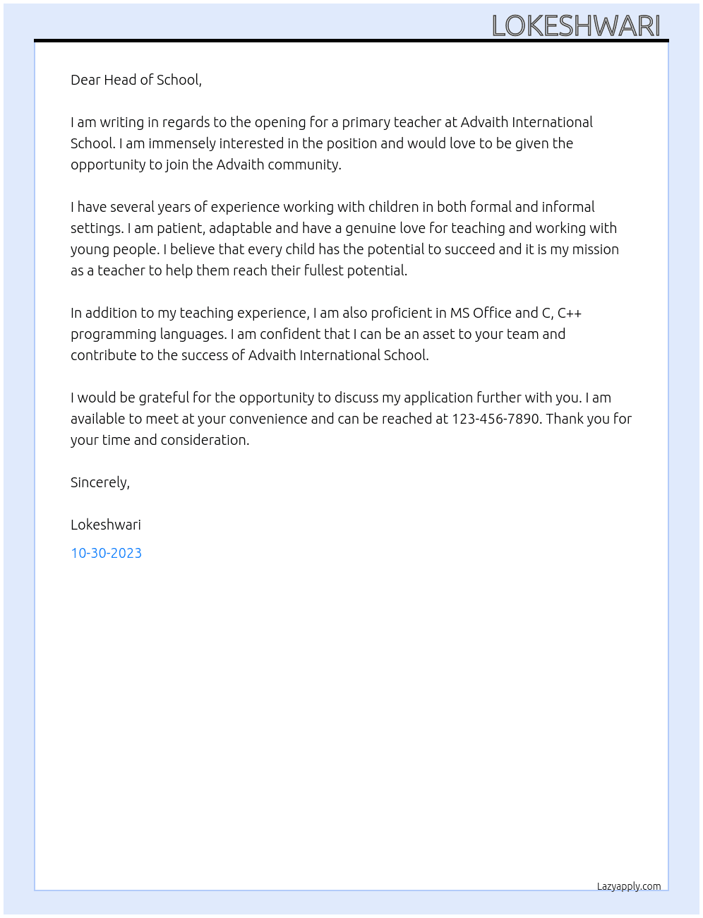 Primary teacher  At Advaith international school  Cover Letter