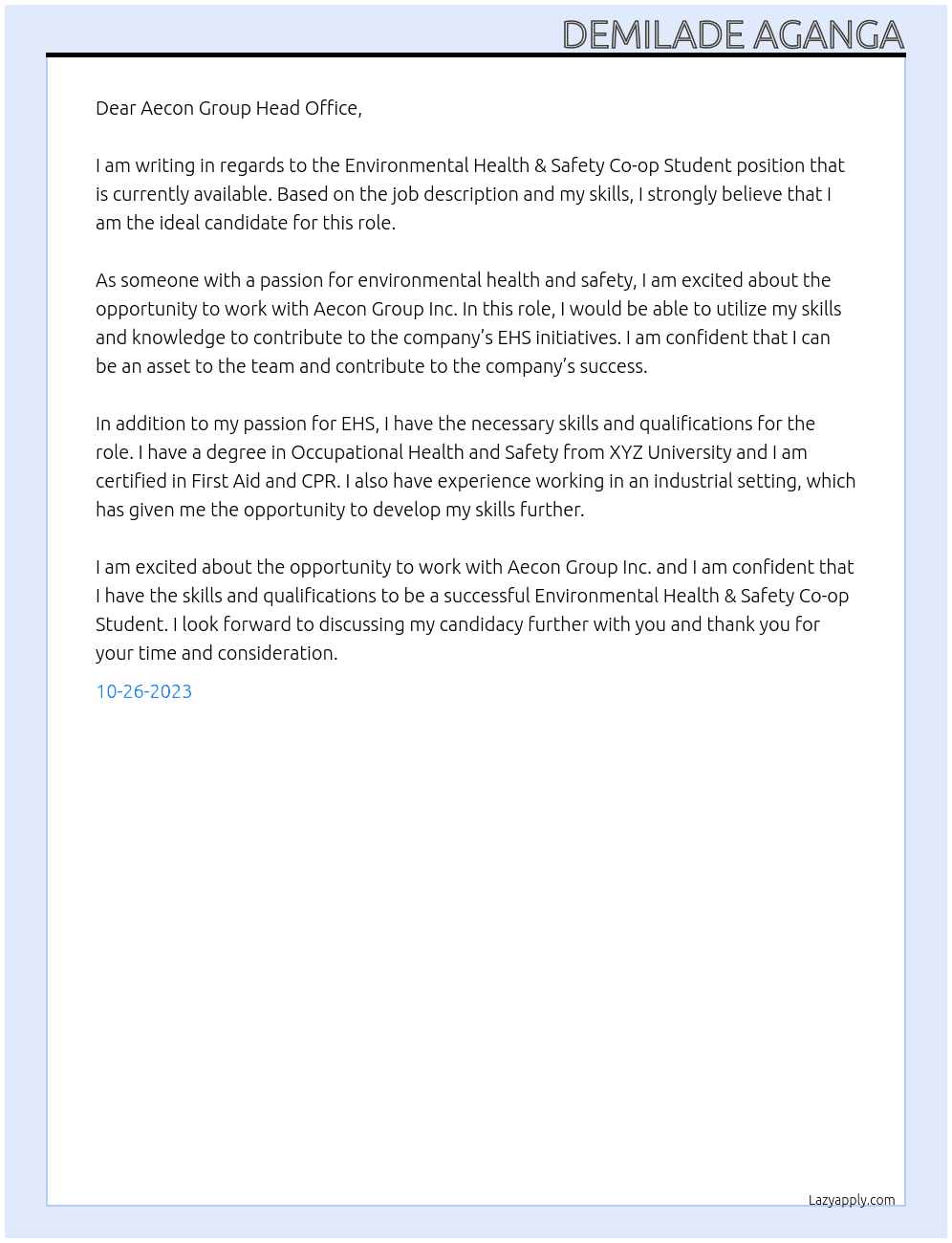 Environmental Health & Safety Co-op Student At Aecon Group Inc. Cover Letter