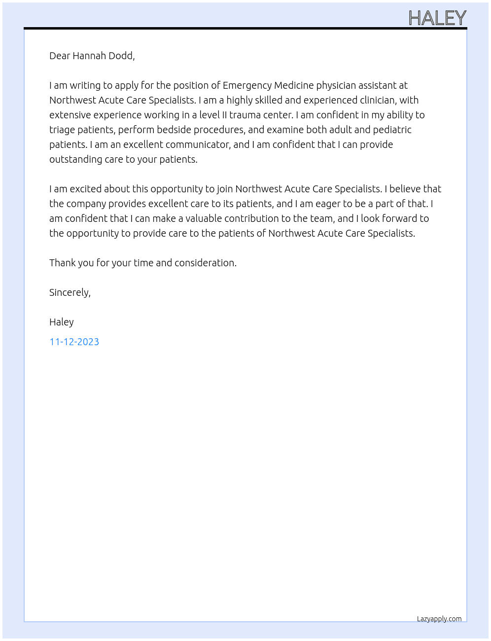 Emergency Medicine physician assistant At Northwest Acute Care Specialists Cover Letter