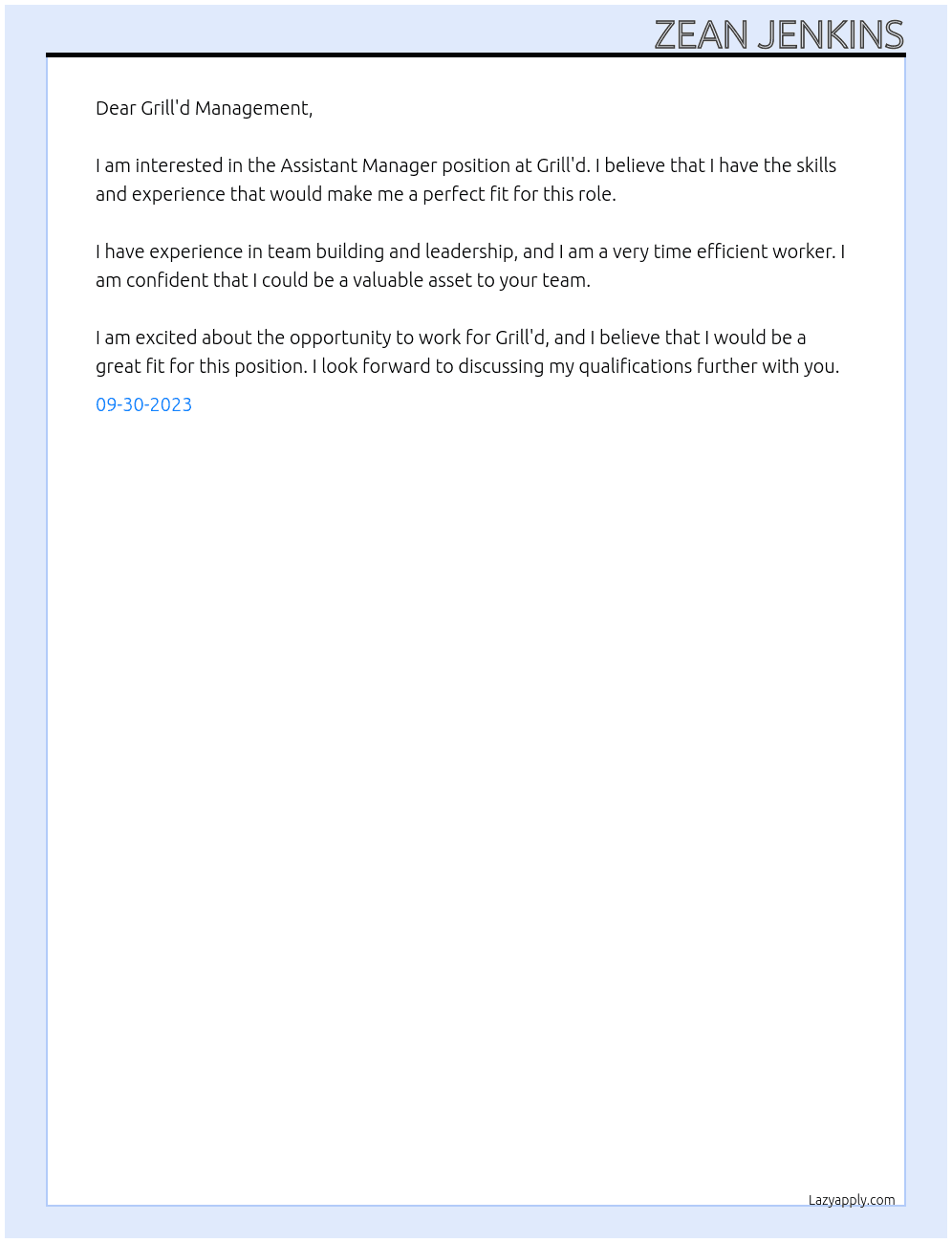 Assistant Manager At Grill'd Cover Letter
