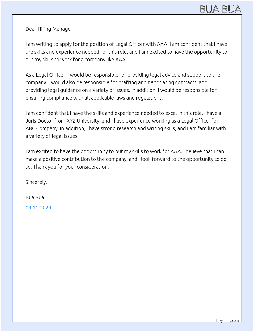 Legal officer At AAA Cover Letter