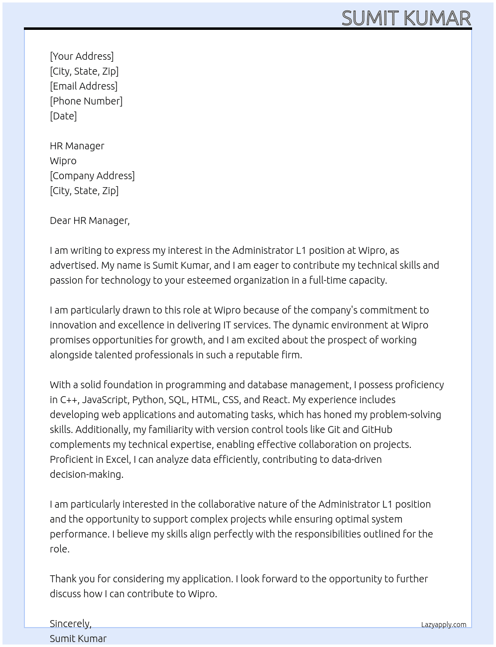 Cover letter for administrator - l1 - LazyApply