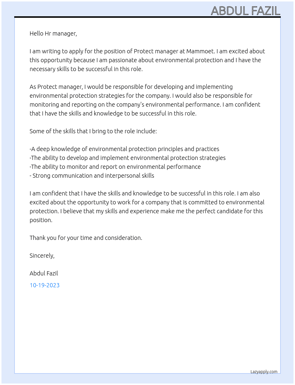 Protect manager At Mammoet Cover Letter