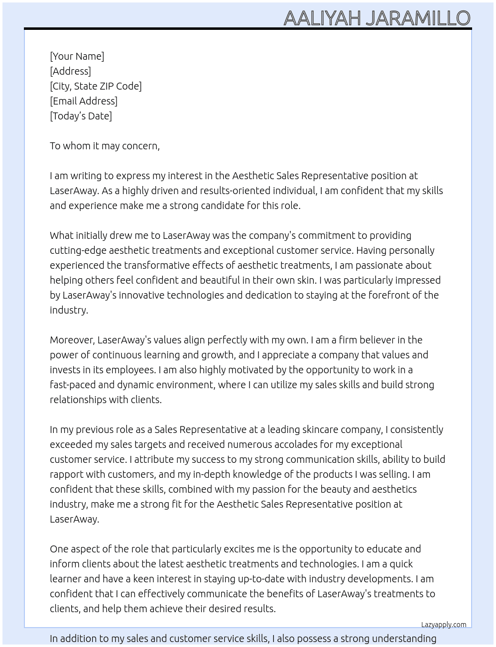 Aesthetic Sales Representative At LaserAway Cover Letter