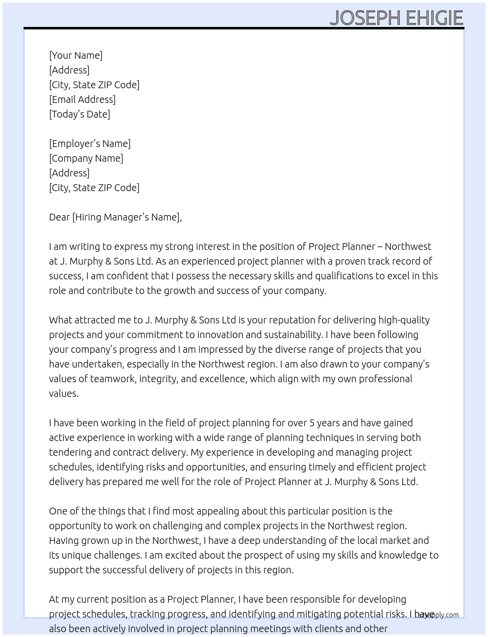 Project Planner – Northwest At J. Murphy & Sons Ltd Cover Letter