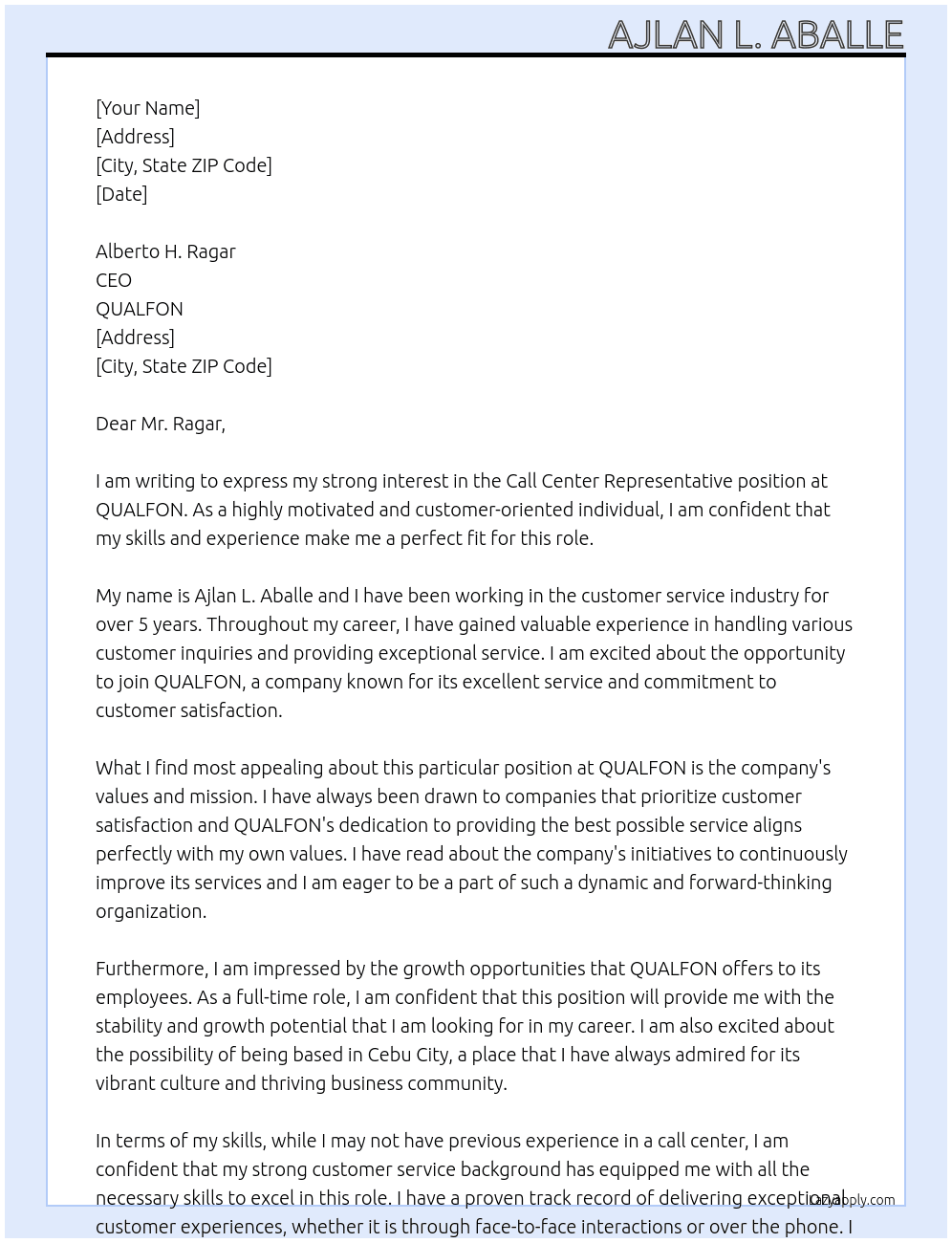 Call Center Representative  At QUALFON Cover Letter