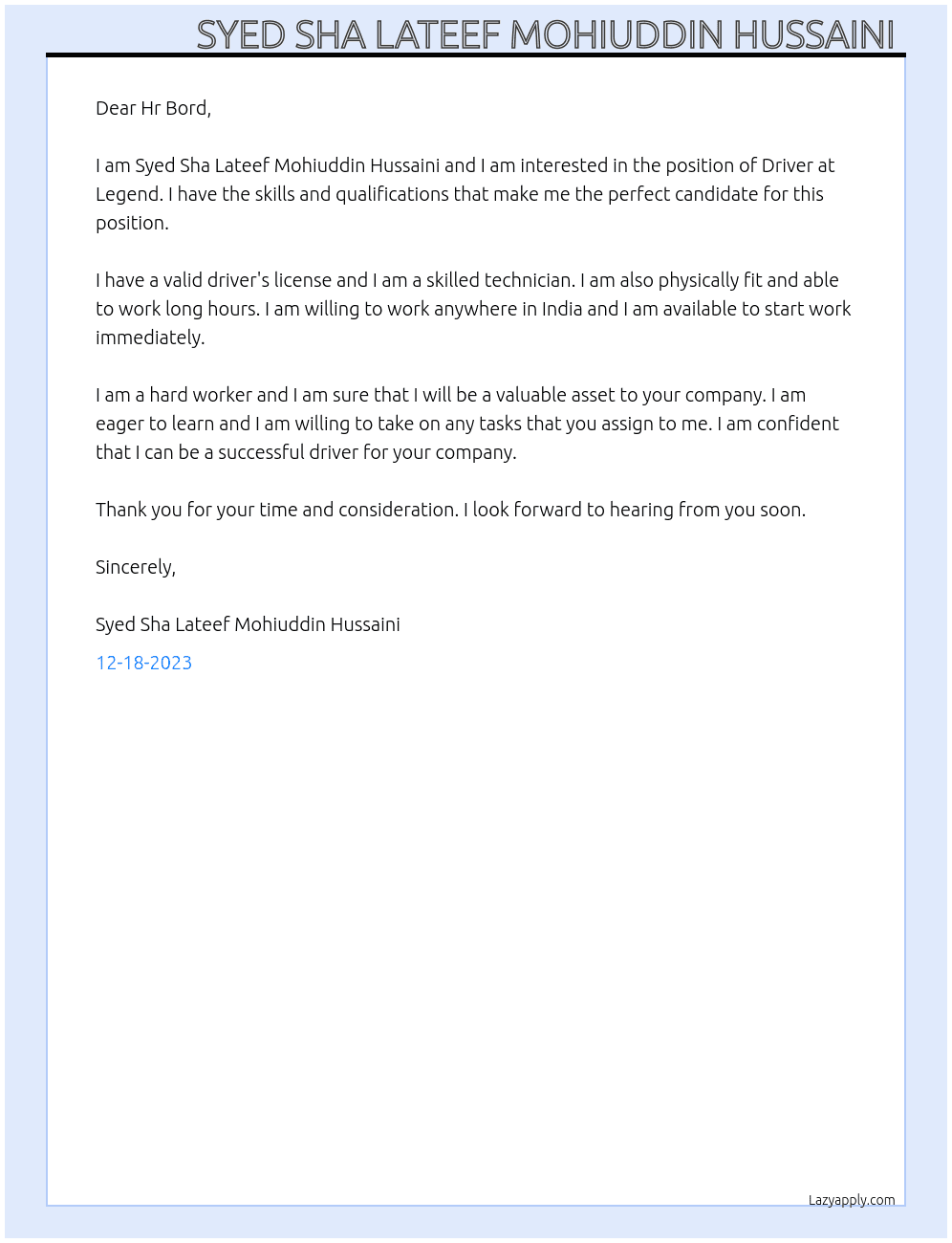 Driver  At Legend  Cover Letter