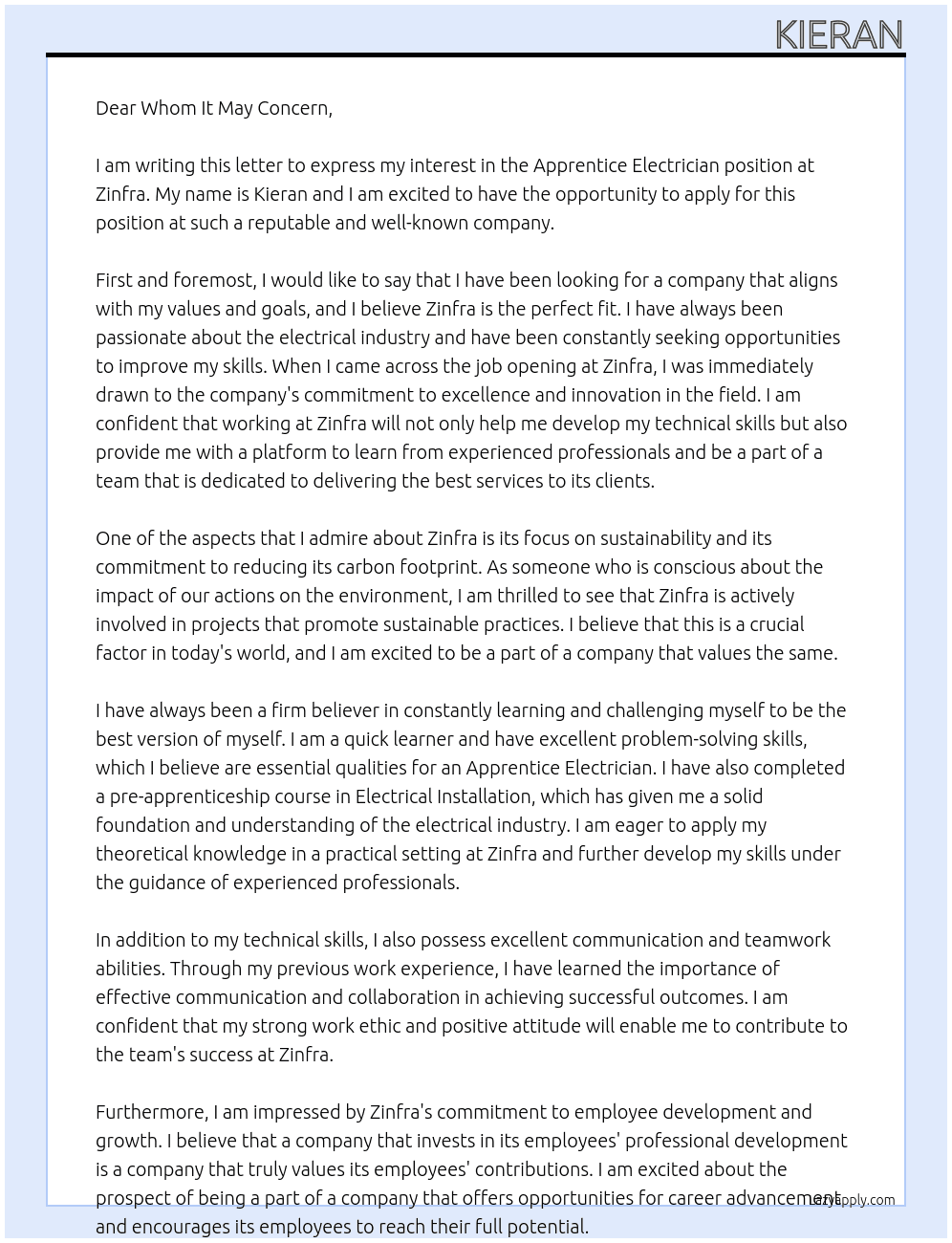 Apprentice Electrician At Zinfra Cover Letter