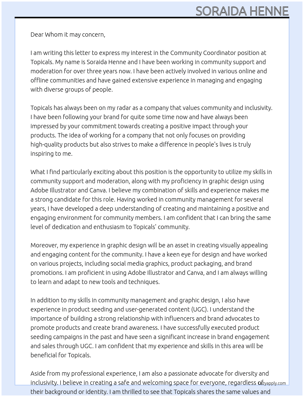Community Coordinator At Topicals Cover Letter